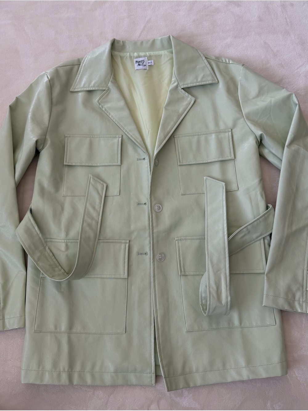 Princess Polly Sage Green Faux Leather Utility Belted Jacket M/L